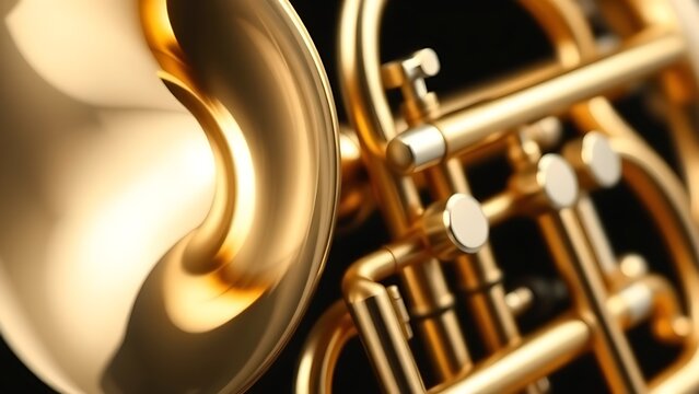 A polished brass euphonium, close-up on its bell and valve section.