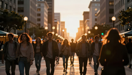 Obraz premium The street scene captures a group of women and men walking. The sunset illuminates the city, highlighting the people and shadows in the vibrant urban setting.