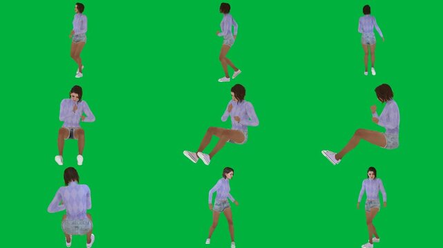A woman is dancing on green screen و in blue shirt animated chromakey background movement figure cartoonish expression design elements motion backgrounds gesture layers scene emotion