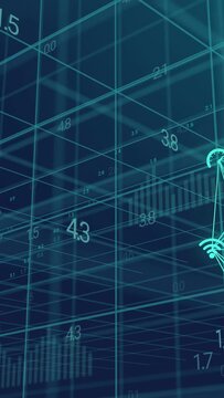 Vertical video: 3D grid pan or zoom shifting numbers and bars, adding gauge and icons exploring tech