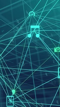 Vertical video: Teal network web shifting frames, centering camera and WiFi, showing tech metrics