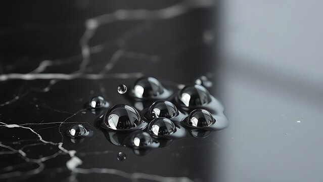 Liquid mercury droplets forming reflective spheres on black marble surface.