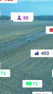 Vertical video: Pivot irrigation boom pivoting over field, cursor clicking badges showing farm data
