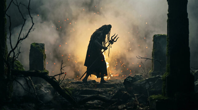 Silhouette of Aghori Sadhu in Firelight, Dark Spiritual Ritual Scene