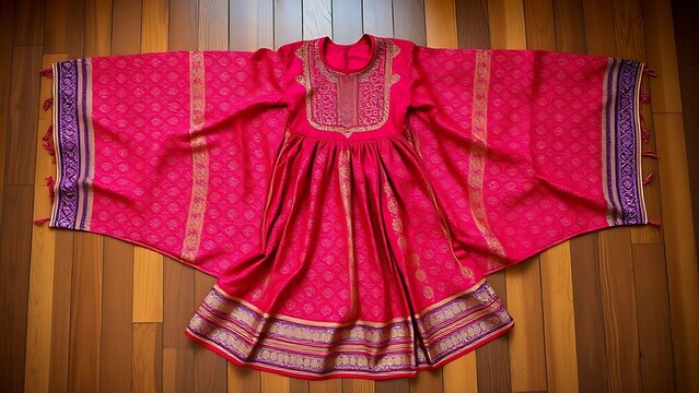 Traditional silk dress with intricate patterns laid flat on a wooden floor.