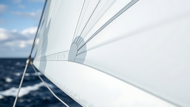 Close-up of taut spinnaker sail fabric bulging under strong wind.