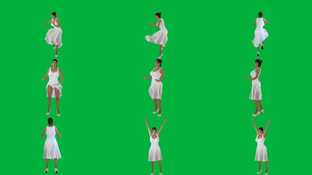 A woman in white dress on green screen و dancing is animated chromakey background scene creative emotion layers composition backgrounds expression elements motion colorful cartoonish