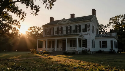 Naklejka premium The historic house stands prominently against the sunset. The sunlight highlights the house's features and the surrounding greenery.