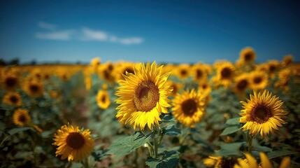 Obraz premium Vintage sunflower field under a clear blue sky with golden hour light