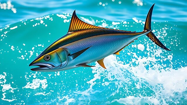 A mahi-mahi fish leaping from turquoise ocean waves, its body glistening with iridescent scales.