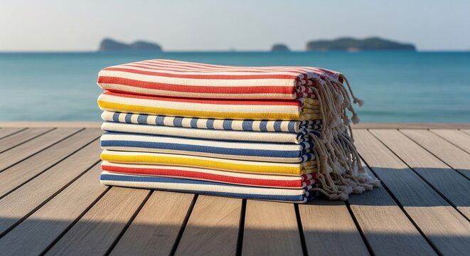 A tall stack of multi-colored striped Turkish towels (foutas) with tassels, placed on a wooden pier with a tropical island and ocean background