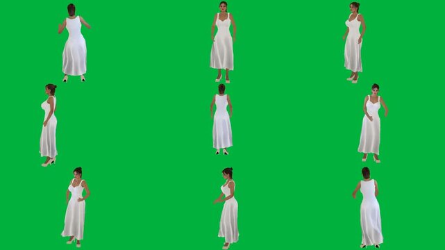 A woman in white dress on green screen و animated chromakey background illustration composition expression cartoonish colorful style elements frame depth creative emotion movement scene