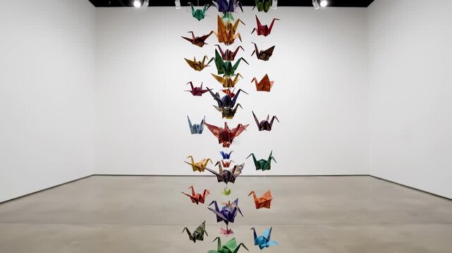 Intricate paper cranes float gracefully in a minimalist art gallery, their vivid colors and detailed patterns creating a mesmerizing visual display that captivates viewers.