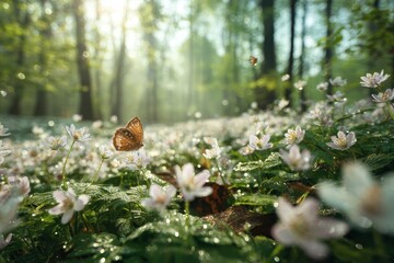 Fototapeta premium Sunlit forest glade with white wildflowers and fluttering butterflies