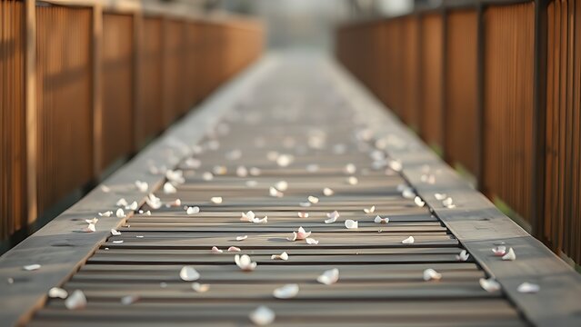 A wooden walkway with falling cherry blossom petals in soft morning light.