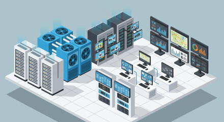 Fototapeta premium Isometric illustration of a computer server room with multiple workstations and monitors.