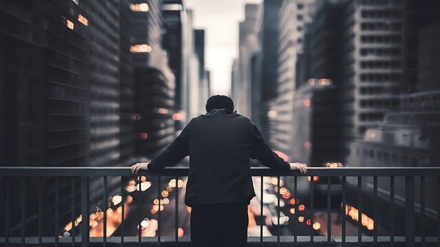 A lone figure stands on a bridge, gazing out at the sprawling cityscape at dusk, illuminated by the warm glow of streetlights.