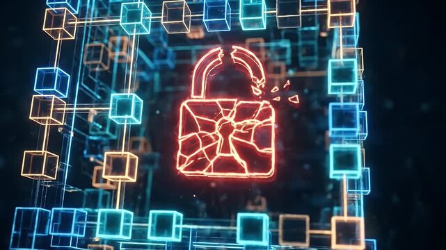Cybersecurity data network digital padlock hack breach security encryption technology cyber attack concept with broken lock symbol and abstract blockchain cubes indicating data breach and hacker