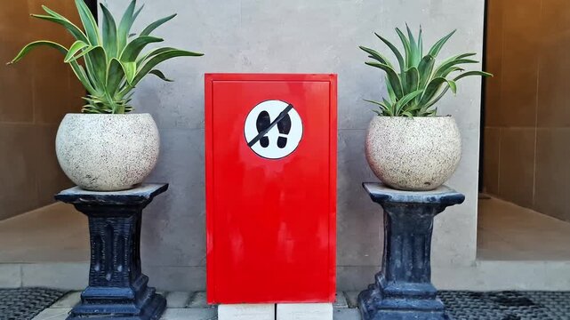 Red Sign Cabinet Prohibiting Footwear and Shoes Entrance for Clean Indoors Etiquette