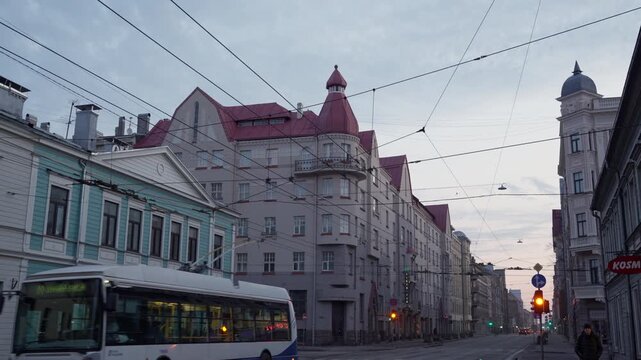 Static Ambience of Riga Art Nouveau District Morning Traffic, City Bus and Pedestrians in Downtown Latvia