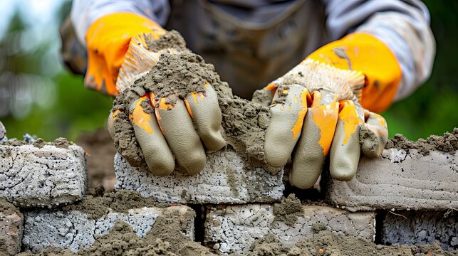 Experienced bricklayer wearing protective gloves skillfully applying mortar to build a brick wall