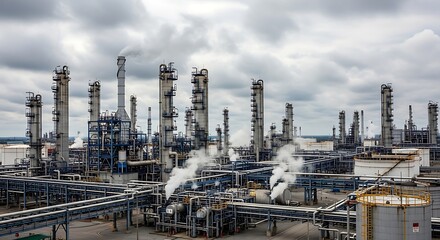 Fototapeta premium Industrial factory complex with smokestacks.