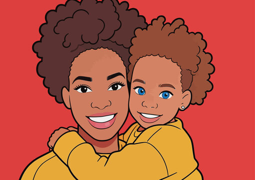 African American Mother and Daughter Embracing Illustration