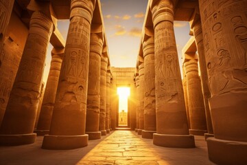 Naklejka premium Columns and hieroglyphs bathed in golden light at a historical egyptian karnak temple