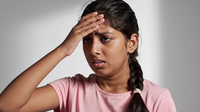 sick indian girl suffering from strong headache. upset child touching forehead with closed eyes. migraine pain, fever and healthcare, medical concept 