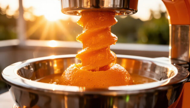 A juice extractor is actively juicing oranges in a bright setting. The orange juice flows from the extractor, capturing the warm sunlight in the background.