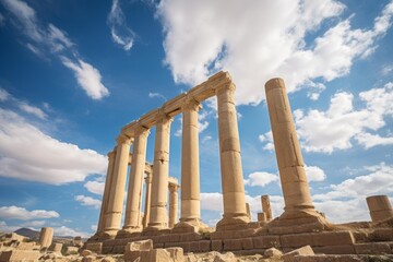 Naklejka premium Ancient roman columns standing against a blue sky with white clouds in the desert ruins of palmyra