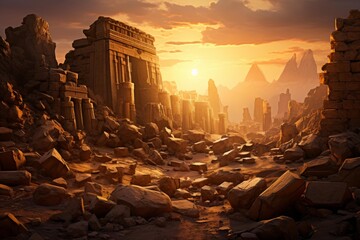 Naklejka premium Ancient temple architecture crumbling in a desert landscape during a vibrant sunset