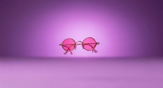 A simple, front-facing view of trendy round sunglasses with pink lenses and a gold frame floating against a gradient purple background