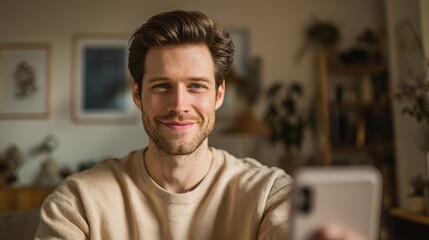 Obraz premium Lifestyle portrait of a smiling man posing for a selfie in a warm home interior