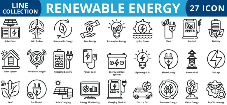 Renewable energy icon set outline style icon set collection vector illustration