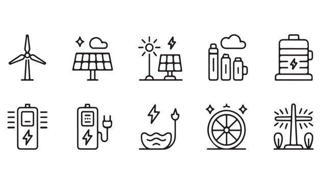 Sustainable energy production icons, windmill power graphics, battery storage symbols, clean fuel technology, eco friendly power grid illustrations
