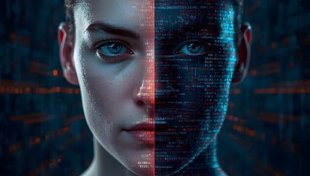 Human Face with Realistic Skin and Binary Code Particles, Digital Identity and Big Data Transformation Concept