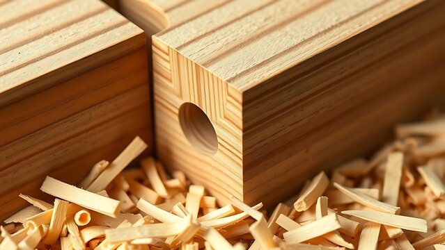 Macro shot of a traditional woodworking joint, a mortise and tenon nestled in wood shavings.