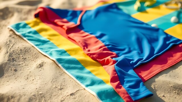 A colorful rashguard draped over a beach towel on sunlit sand.