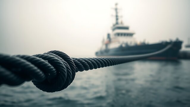 A taut black towline connects a tugboat to a distant ship in morning mist.