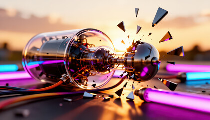 Fototapeta premium A glass tube is shattered, revealing intricate machinery inside the glass tube. Bright colored lights surround the glass tube, creating a dramatic scene focused on the glass tube.