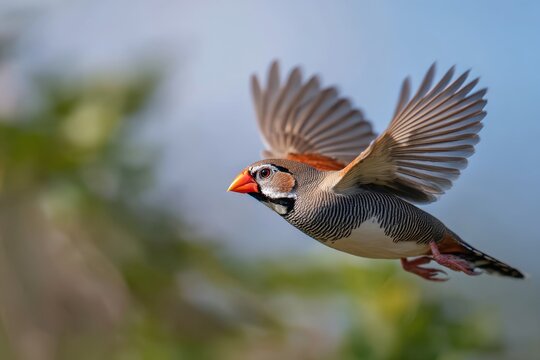 Wild zebra finch gliding through a calm daytime sky