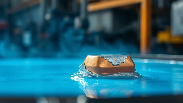 A copper part emerging from a blue electrolytic bath in an industrial setting.
