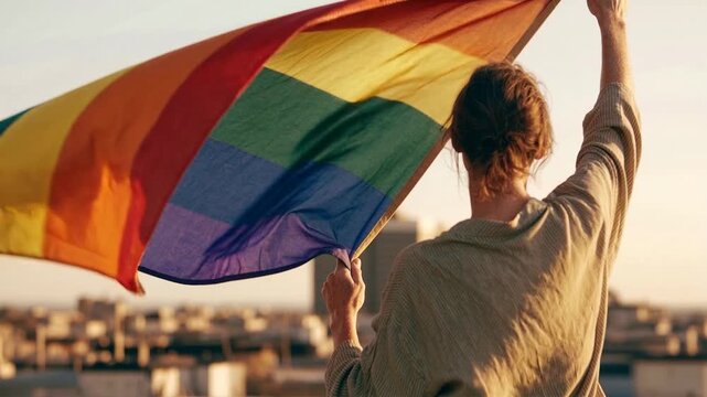 Person waving rainbow LGBT flag at sunset capturing freedom identity and personal expression in urban rooftop setting with warm golden light and expansive city view
