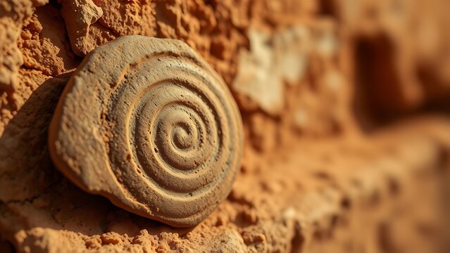 Spiral pattern on ancient pottery shard against an ochre wall.