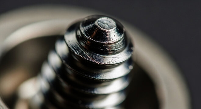 Macro close-up of a metal screw thread with precise ridges and reflective surface. Industrial, high-detail composition ideal for engineering visuals, manufacturing concepts, and technical design