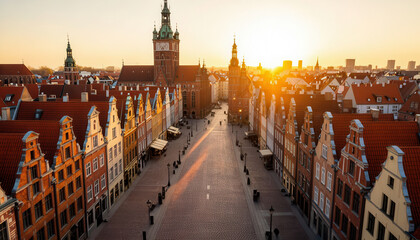 Obraz premium an empty street with historic buildings as the sun rises. The warm light highlights the architecture, creating a tranquil atmosphere in the morning.