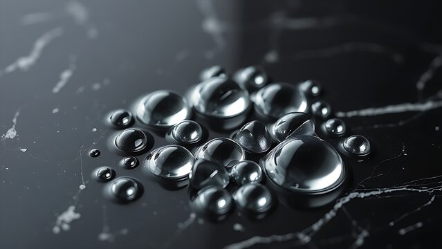 Liquid mercury droplets forming reflective spheres on black marble surface.