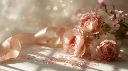 Fototapeta premium Romantic floral corner border featuring pink roses, curling satin ribbons, and sparkling confetti on a pastel backdrop