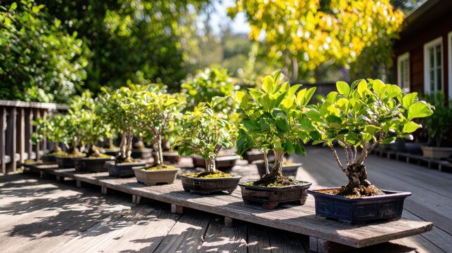 Ten ficus trees and bonsai on a sunlit wooden deck with lush green leaves and a yellow flowering accent tree